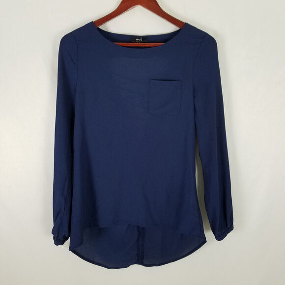 Very J Shirt Juniors‎ Small Blue Tunic Top Long Bishop Sleeve Strappy Back Sheer - Picture 1 of 12